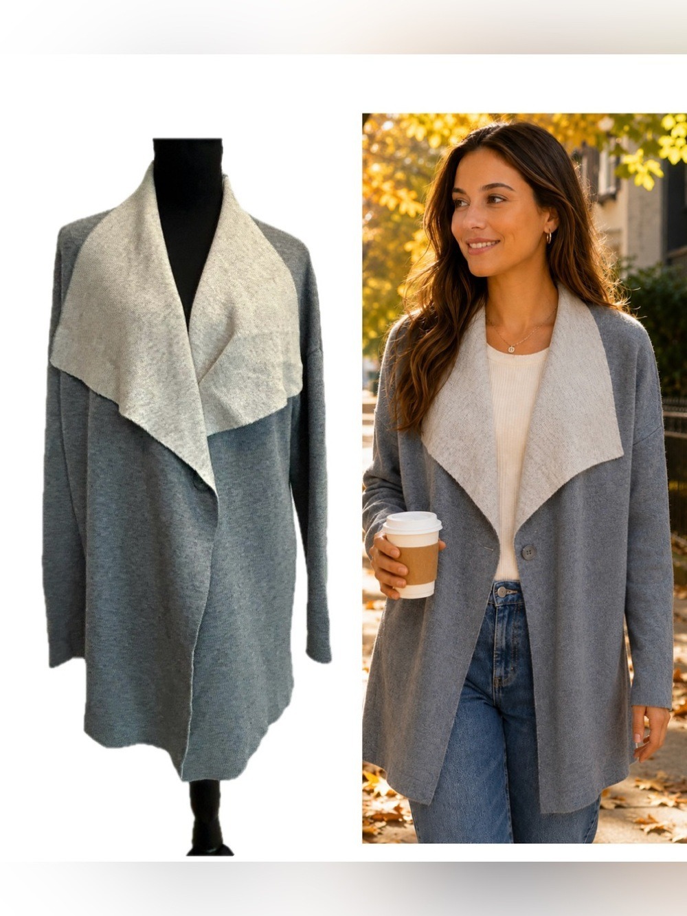 Catherine Malandrino Gray & Ivory Open Front Cardigan Sweater – Size Large
